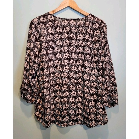 Black Tan Elephant Novelty Lightweight Roll Tab Sleeve Top Pixley Sz L - Picture 5 of 8